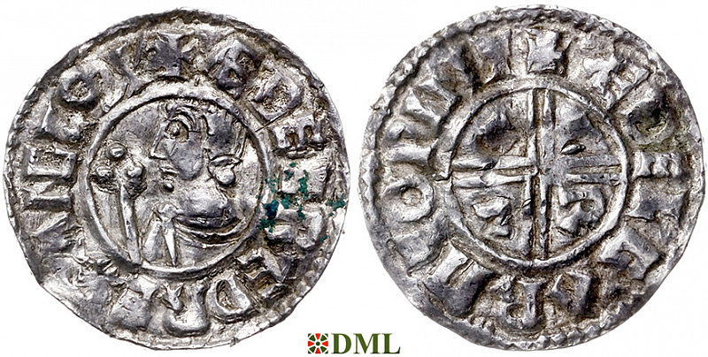 Денарий, Англия, Æthelred II (978-1016), м.д. Winchester, монетарий Æthelgar, North 770