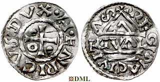Денарий, Германия, Бавария, Heinrich II (985–995), м.д. Regensburg, монетарий GVΛL, Hahn 1976, 22d1.2