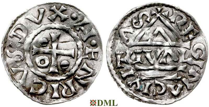 Денарий, Германия, Бавария, Heinrich II (985–995), м.д. Regensburg, монетарий GVΛL, Hahn 1976, 22d1.2
