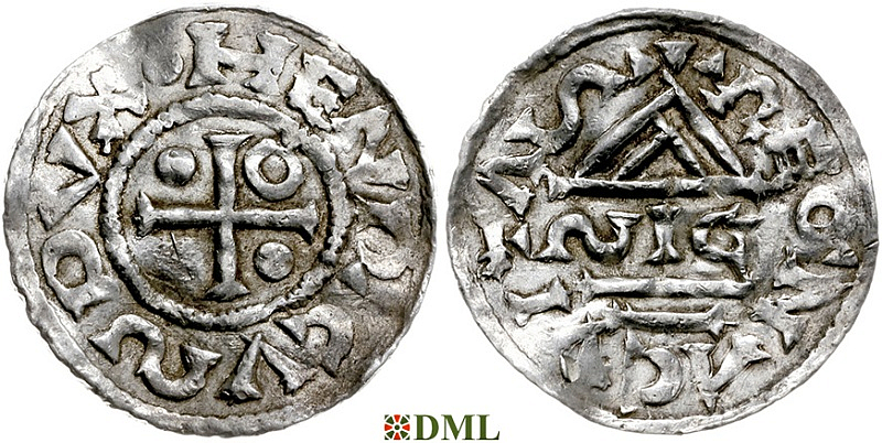 Денарий, Германия, Бавария, Heinrich II (955-995), м.д. Regensburg, монетарий ∾IC, Hahn 1976, 22g1.1