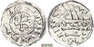 Денарий, Германия, Бавария, Heinrich II (985–995), м.д. Regensburg, монетарий MAO, Hahn 1976, 22f1