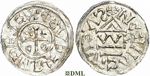 Денарий, Германия, Бавария, Heinrich II (1002-1024), м.д. Regensburg, монетарий OWИ, Hahn 1976, 27j1