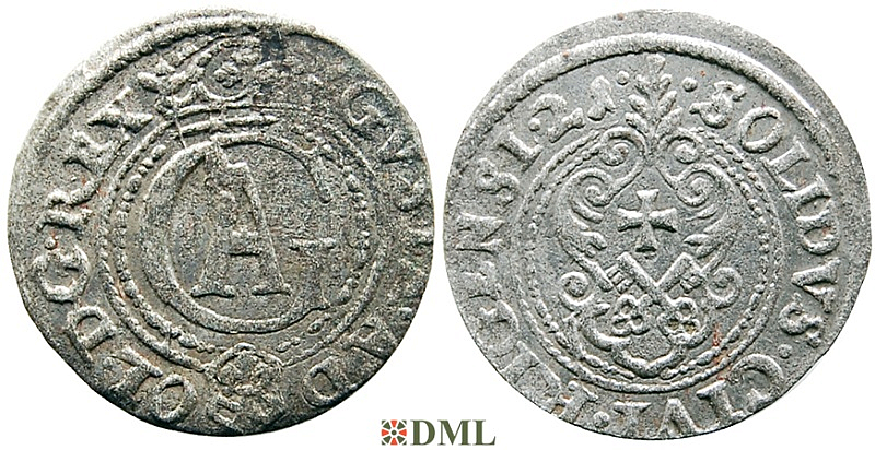 Шиллинг (солид), Швеция, Рига (город), Густав II Адольф (1611-1632), м.д. Рига, минцмейстер Martin Wulff II, 1621 г., Haljak 1465