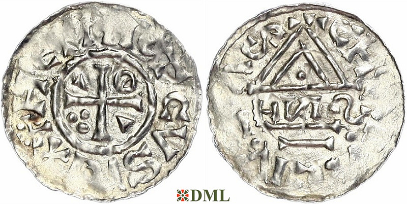 Денарий, Германия, Бавария, Heinrich II (1002-1024), м.д. Cham, монетарий HИƧ,  Hahn 1976, 80b2