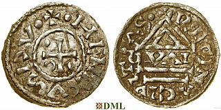 Денарий, Германия, Бавария, Heinrich II (985–995), м.д. Regensburg, монетарий GVΛL, Hahn 1976, 22d1.1