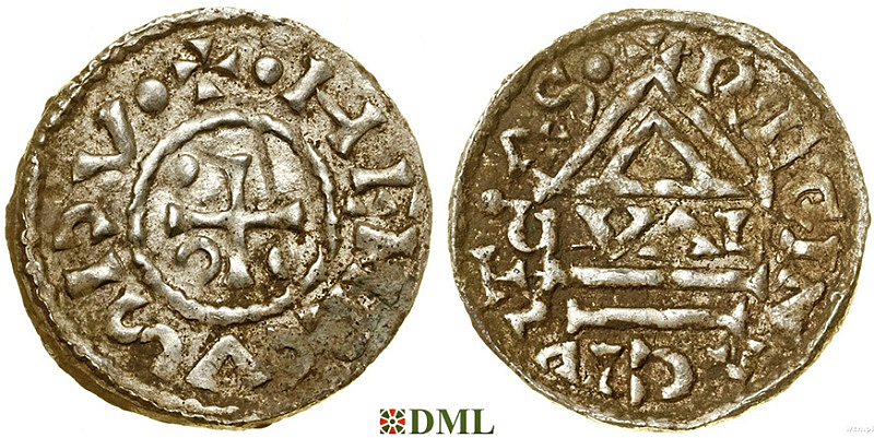 Денарий, Германия, Бавария, Heinrich II (985–995), м.д. Regensburg, монетарий GVΛL, Hahn 1976, 22d1.1