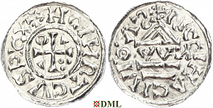 Денарий, Германия, Бавария, Heinrich II (1002-1024), м.д. Regensburg, монетарий OWИ, Hahn 1976, 27j1