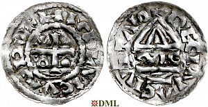 Денарий, Германия, Бавария, Heinrich II (955-995), м.д. Regensburg, монетарий ∾IC, Hahn 1976, 22g1.3