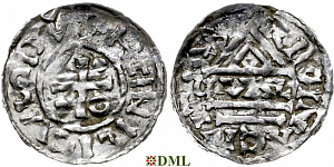 Денарий, Германия, Бавария, Heinrich II (955-995), м.д. Regensburg, монетарий GVΛL, Hahn 1976, 22d1.1