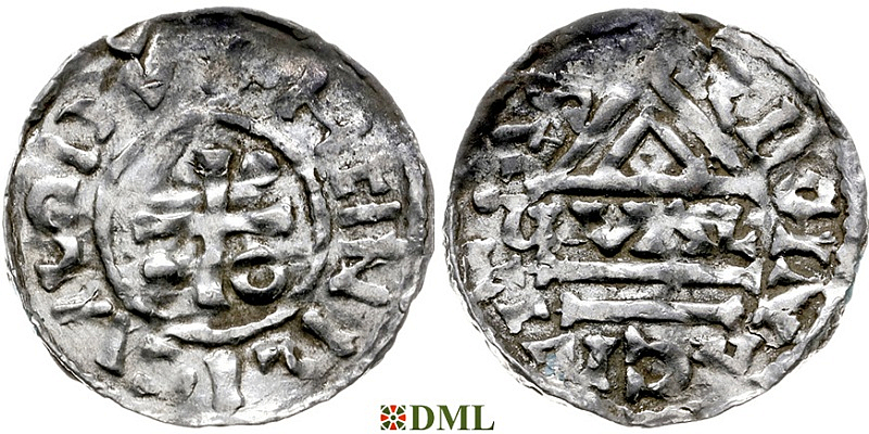 Денарий, Германия, Бавария, Heinrich II (955-995), м.д. Regensburg, монетарий GVΛL, Hahn 1976, 22d1.1