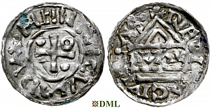 Денарий, Германия, Бавария, Heinrich II (955-995), м.д. Regensburg, монетарий GVΛL, Hahn 1976, 22d1.1