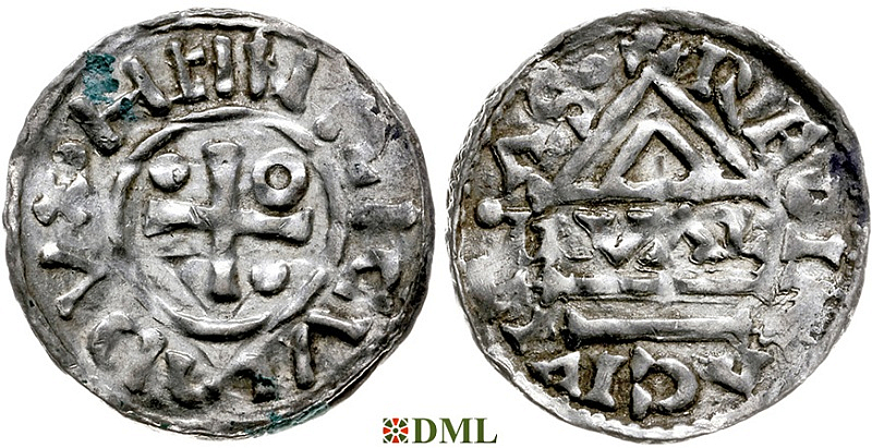 Денарий, Германия, Бавария, Heinrich II (955-995), м.д. Regensburg, монетарий GVΛL, Hahn 1976, 22d1.1