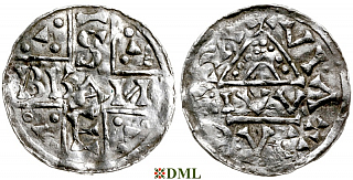 Денарий, Германия, Швабия, Bruno (1006-1029), м.д. Augsburg, монетарий IW, Hahn 1976, 147var.