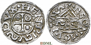 Денарий, Германия, Бавария, Heinrich II (955-995), м.д. Regensburg, монетарий ∾IC, Hahn 1976, 22g1.1