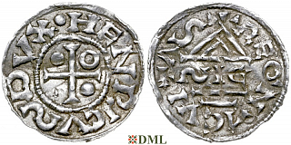Денарий, Германия, Бавария, Heinrich II (955-995), м.д. Regensburg, монетарий ∾IC, Hahn 1976, 22g1.1