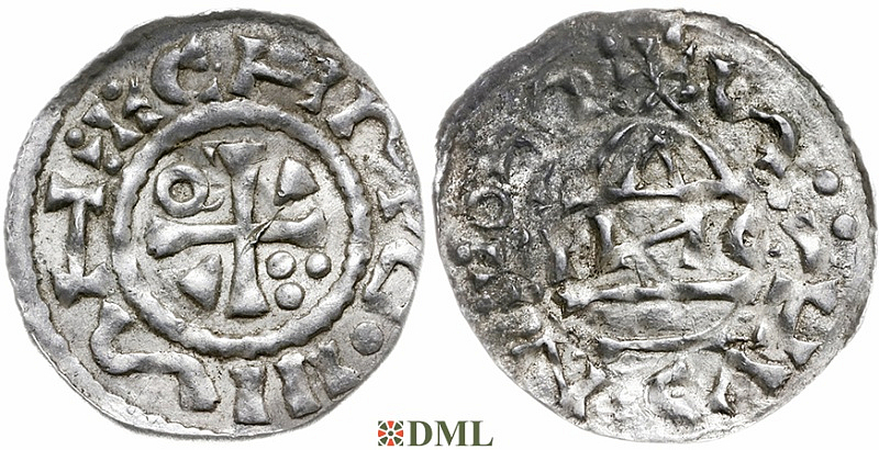 Денарий, Германия, Бавария, Heinrich II (1002-1024), м.д. Regensburg, монетарий EИC, Hahn 1976, 27d