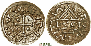Денарий, Германия, Бавария, Heinrich II (985-995), м.д. Regensburg, монетарий ECCIO, Hahn 1976, 22b1