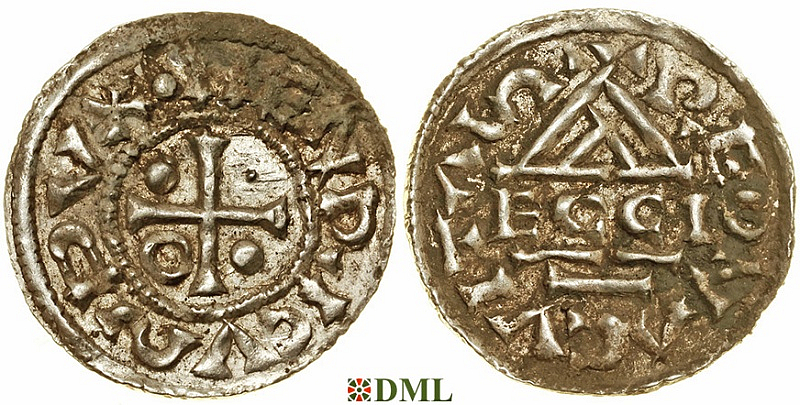 Денарий, Германия, Бавария, Heinrich II (985-995), м.д. Regensburg, монетарий ECCIO, Hahn 1976, 22b1