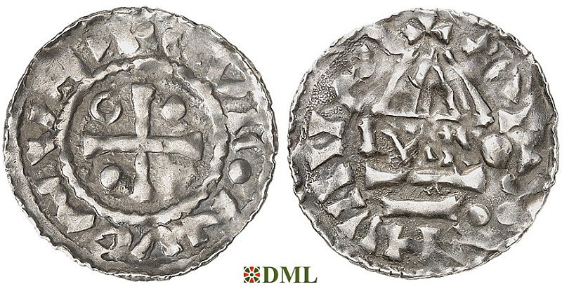 Денарий, Германия, Бавария, Heinrich II (985–995), м.д. Regensburg, монетарий MΛO, Hahn 1976, 22f1