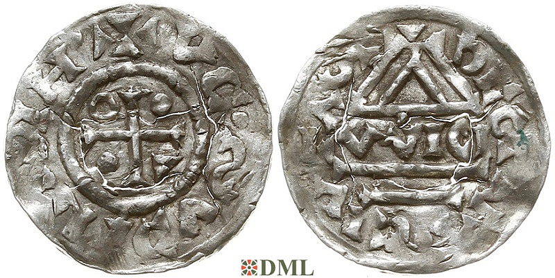 Денарий, Германия, Бавария, Heinrich IV (995-1002), м.д. Regensburg, монетарий WIC, Hahn 1976, 25e1.1