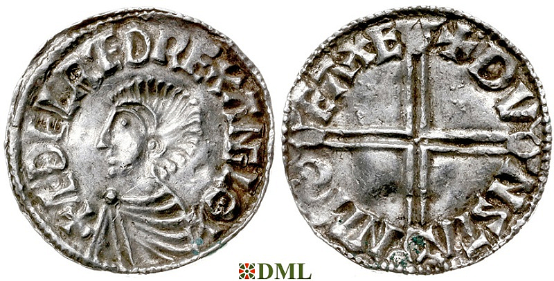 Денарий, Англия, Æthelred II (978-1016), м.д. Exeter, монетарий Dunstan, North 774