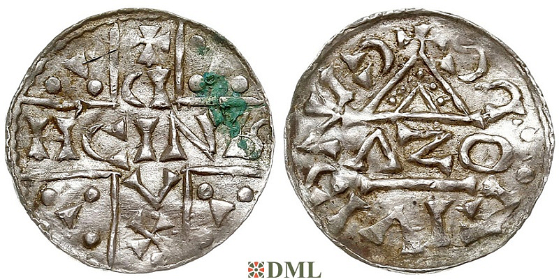 Денарий, Германия, Бавария, Heinrich V (1018-1026), м.д. Regensburg, монетарий ɅZO, Hahn 1976, 31b2