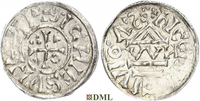 Денарий, Германия, Бавария, Heinrich II (1002-1024), м.д. Regensburg, монетарий OWИ, Hahn 1976, 27j1